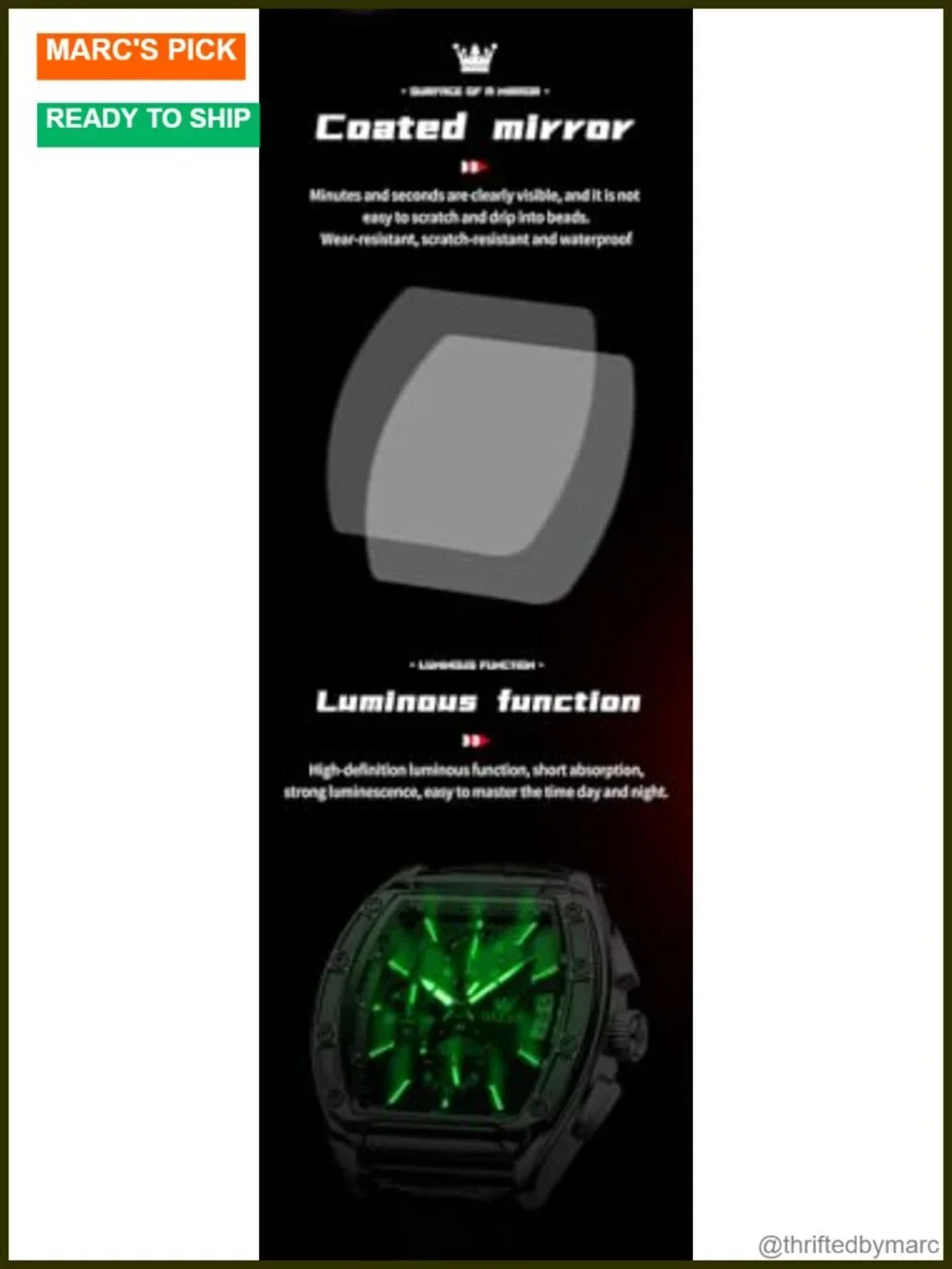 Mens Square Chronograph Quartz Watch Stainless Steel Leather Band Luminous Date